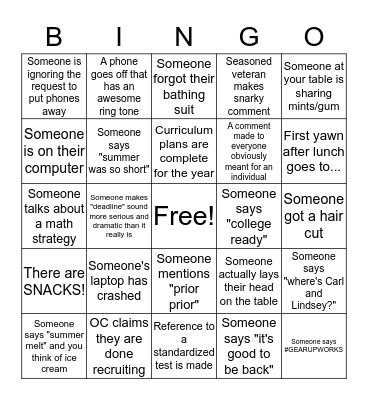 Return to Work BINGO Card