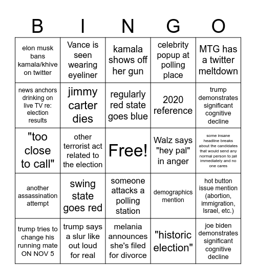 election night Bingo Card