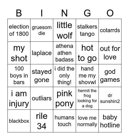 song bingo Card