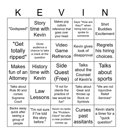 Kevin Bingo Card