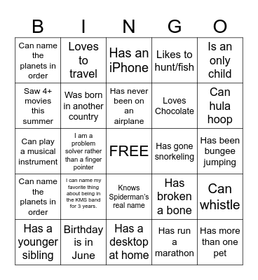 Get to Know You Bingo Card