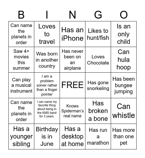 Get to Know You Bingo Card