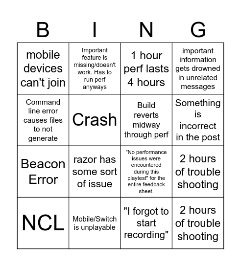 Perf Bingo Card