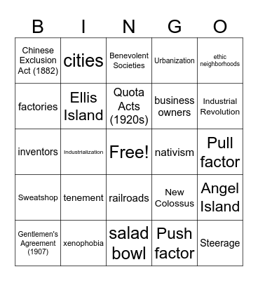 Immigration Vocab Review Bingo Card