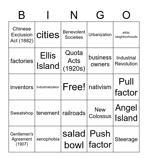 Immigration Vocab Review Bingo Card