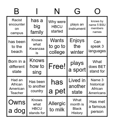 Black Student Union Bingo Card
