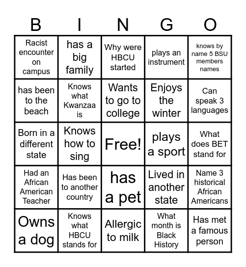 Black Student Union Bingo Card