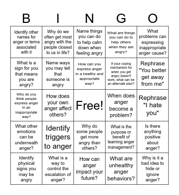 Anger Bingo Card