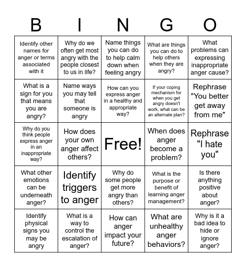 Anger Bingo Card