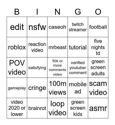 YOUTUBE SHORTS BINGO Card