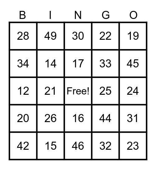 Numbers 11 to 50 Bingo Card