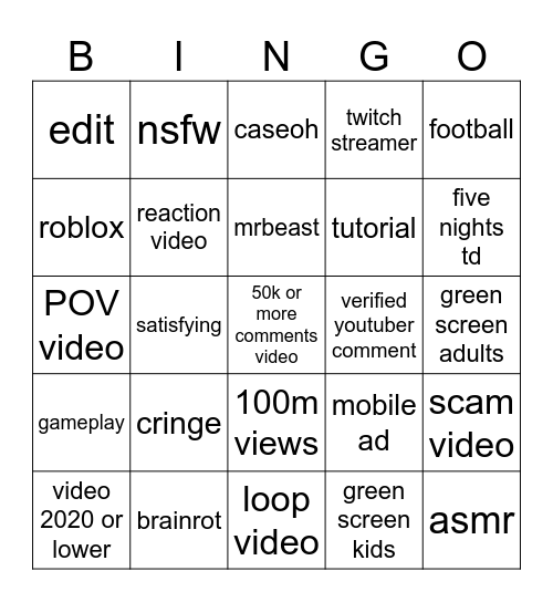 YOUTUBE SHORTS BINGO Card