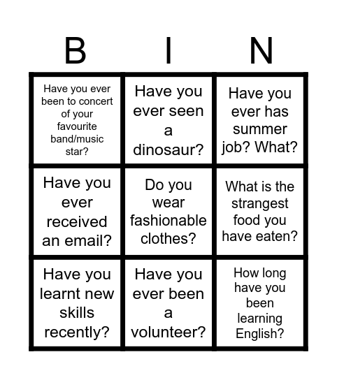 Teenagers Bingo Card