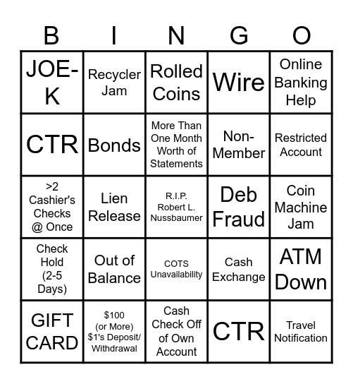 First Community Credit Union- Tellers Bingo Card