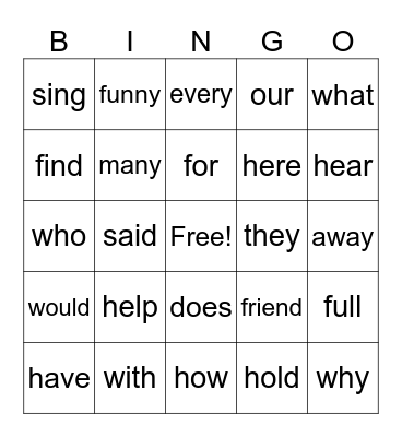 First Grade HFW Bingo Card