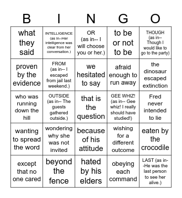 Phrases, Clauses, & Parts of Speech Bingo Card