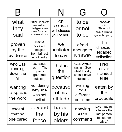Phrases, Clauses, & Parts of Speech Bingo Card
