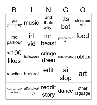 yt shorts bing ohh... Bingo Card