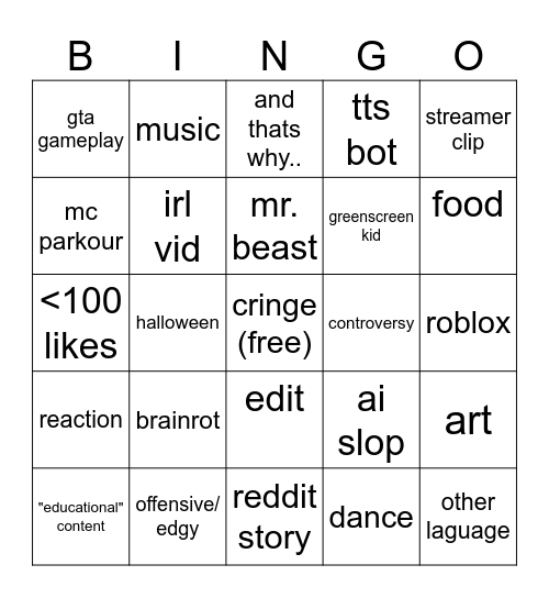 yt shorts bing ohh... Bingo Card