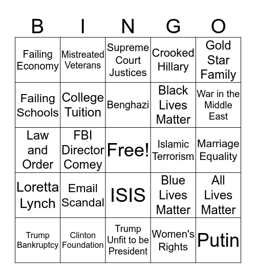 Presidential Debate #1 (09/26/16, 9p-10:30p) Bingo Card