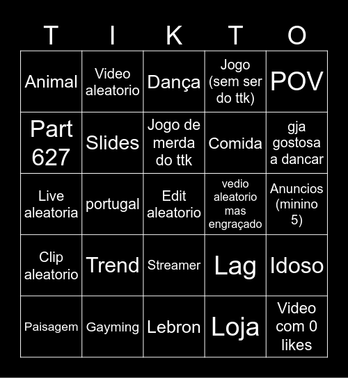 Tik tok bingo Card