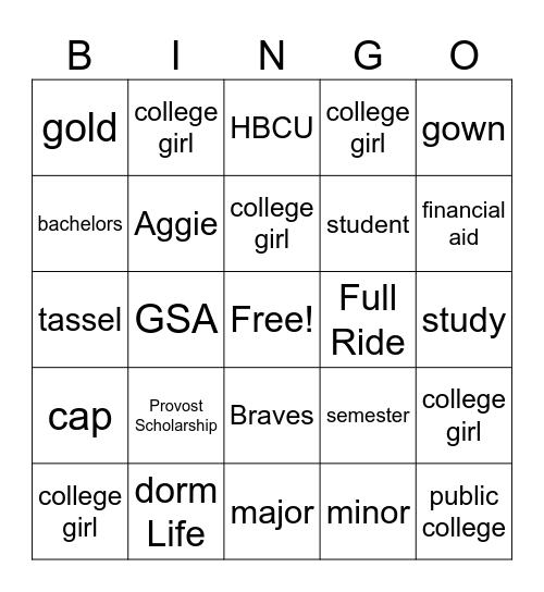 College Bingo Card