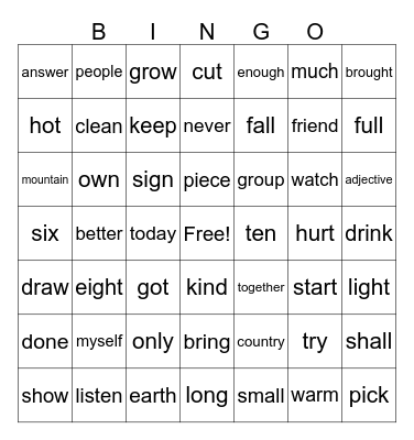 THIRD GRADE SIGHT WORDS Bingo Card
