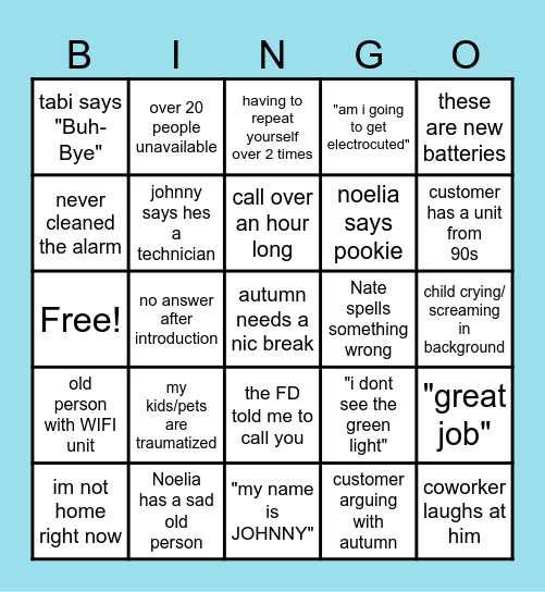 Nightshift Bingo Card