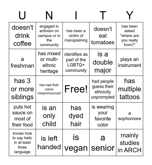 UNITY WEEK BINGO! Bingo Card