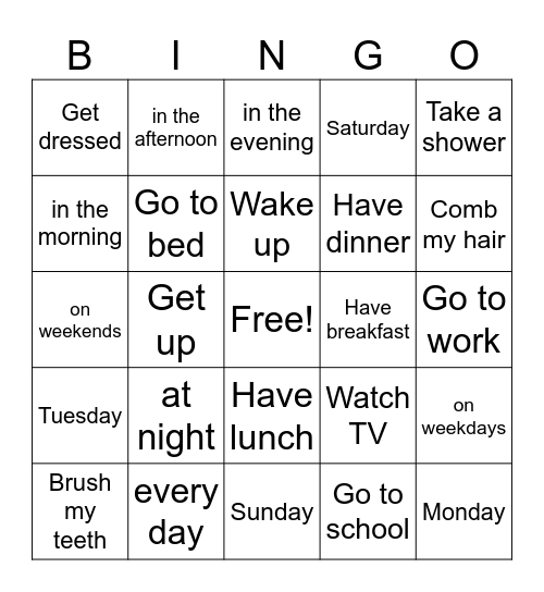 Daily activities Bingo Card