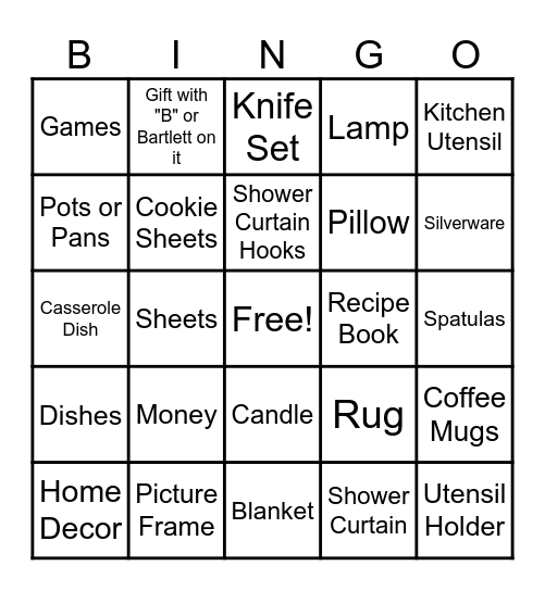 Gift Opening Bingo Card