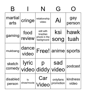 Tiktok/Youtube Bingo Card