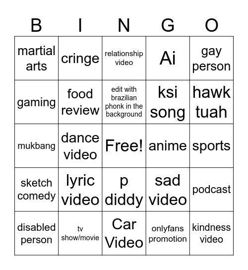 Tiktok/Youtube Bingo Card