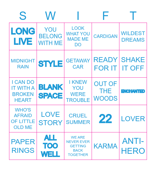 Swiftie Bingo Card