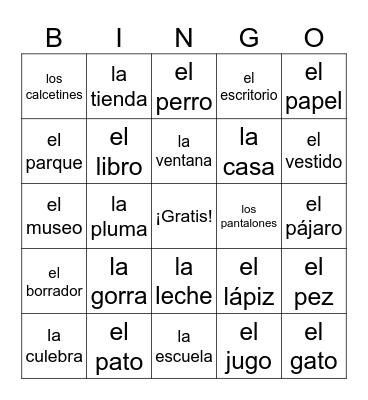 Basic Nouns ~ Español I Bingo Card