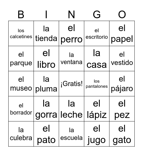 Basic Nouns ~ Español I Bingo Card