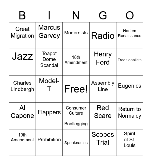 Roaring 20s Bingo Card