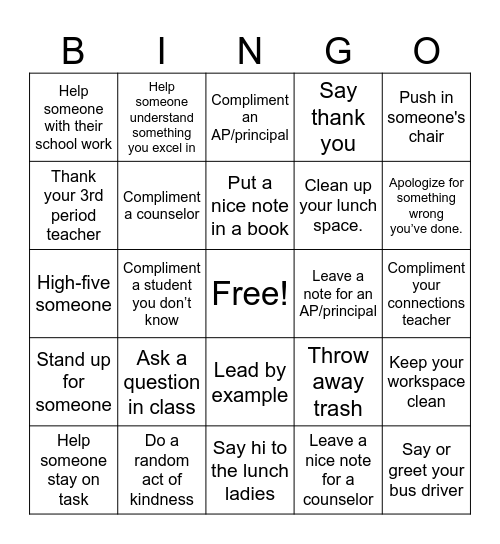 World Kindness Day Bingo Card