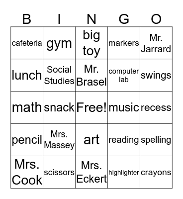 Back to school Bingo Card