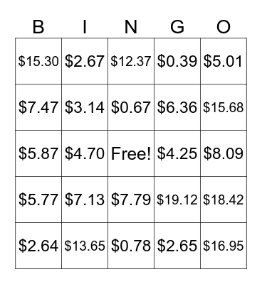 Money Bingo Card