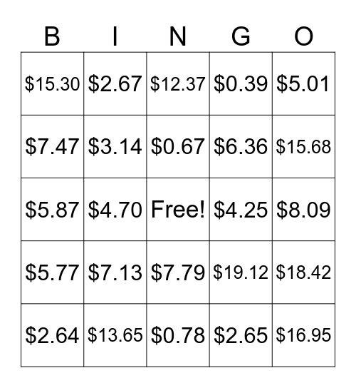 Money Bingo Card