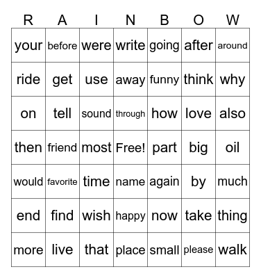 200 Sight Words (all) Bingo Card