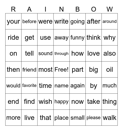 200 Sight Words (all) Bingo Card