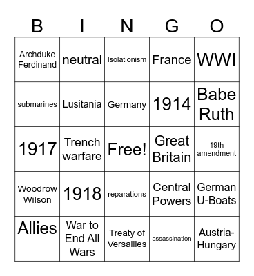 World War I Bingo Card