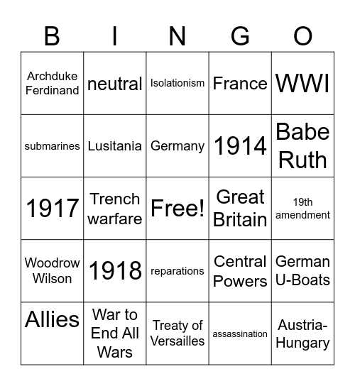 World War I Bingo Card