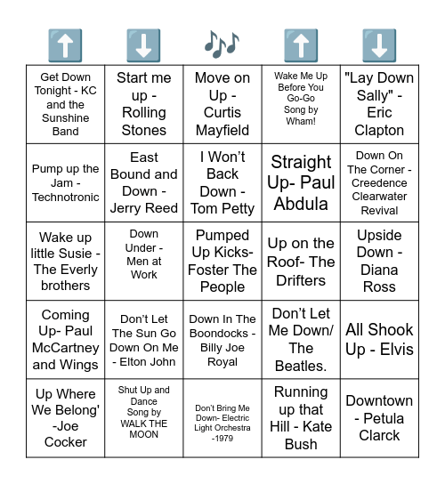 SONG WITH UP/DOWN IN THE TITLE Bingo Card