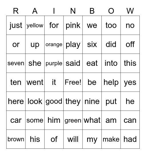 100 Sight Words (all) Bingo Card