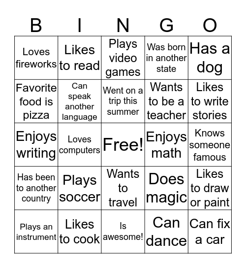 Find a Friend Bingo! Bingo Card