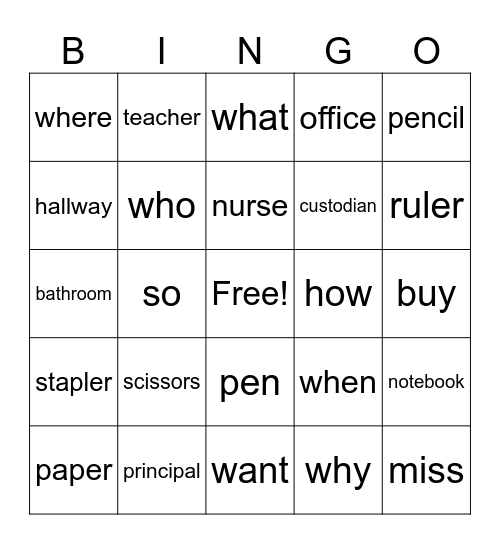 Vocabulary Bingo Card