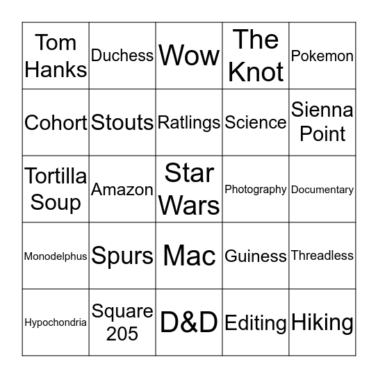 David's Bachelor Party Bingo Card